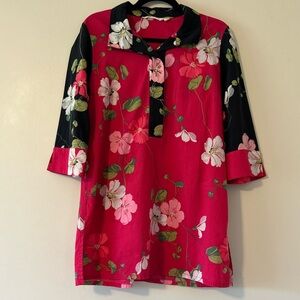 Soft Surroundings Medium Pink Black Floral Cotton Tunic Top Boho Asian 90’s